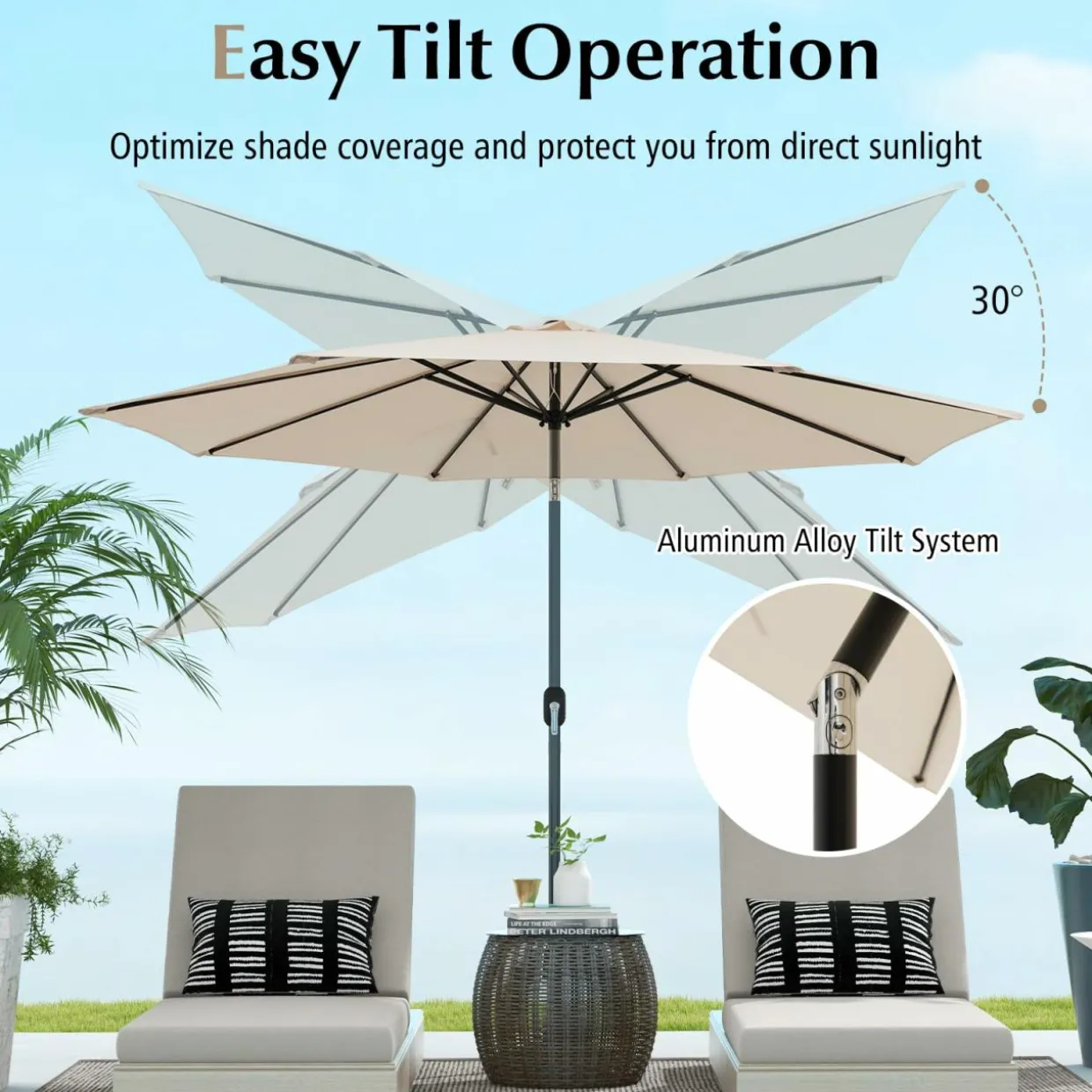 10FT Patio Umbrella, Outdoor Market Table Umbrella with Push Button Tilt