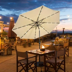 10FT Solar Powered 24 LED Lighted Patio Umbrella, Table Market Umbrella with Tilt Adjustment and Crank Handle