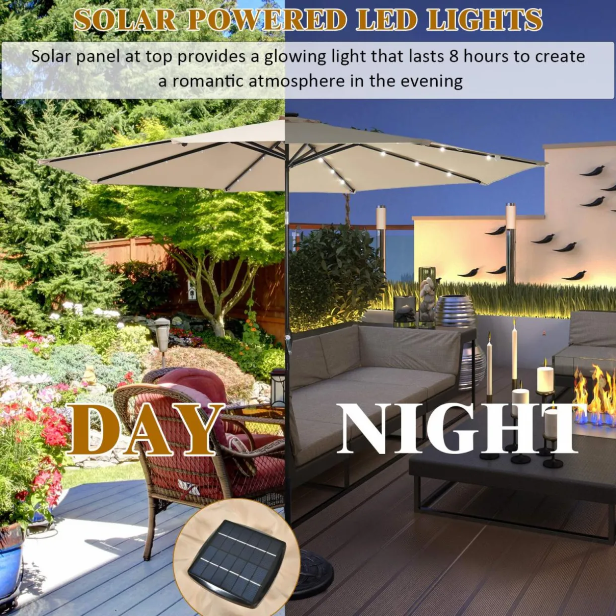 10FT Solar Powered 24 LED Lighted Patio Umbrella, Table Market Umbrella with Tilt Adjustment and Crank Handle