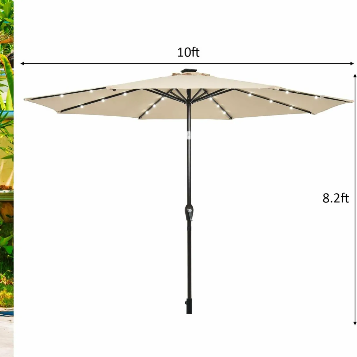 10FT Solar Powered 24 LED Lighted Patio Umbrella, Table Market Umbrella with Tilt Adjustment and Crank Handle