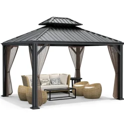 12ft x 10ft Hardtop Gazebo, 2-Tier Outdoor Gazebo w/ Double Vented Roof & Central Hook