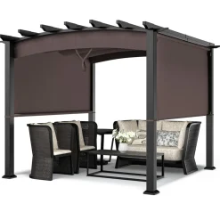 10ft x 10ft Outdoor Retractable Pergola, Patio Metal Pergola with Adjustable Sliding Sun Shade Canopy