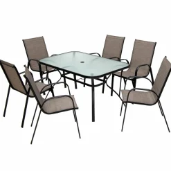 Furniture Set, Outdoor Furniture Set with 6 Stackable Armchairs, 55 Inches Dining Table with 1.5 Inches Umbrella Hole