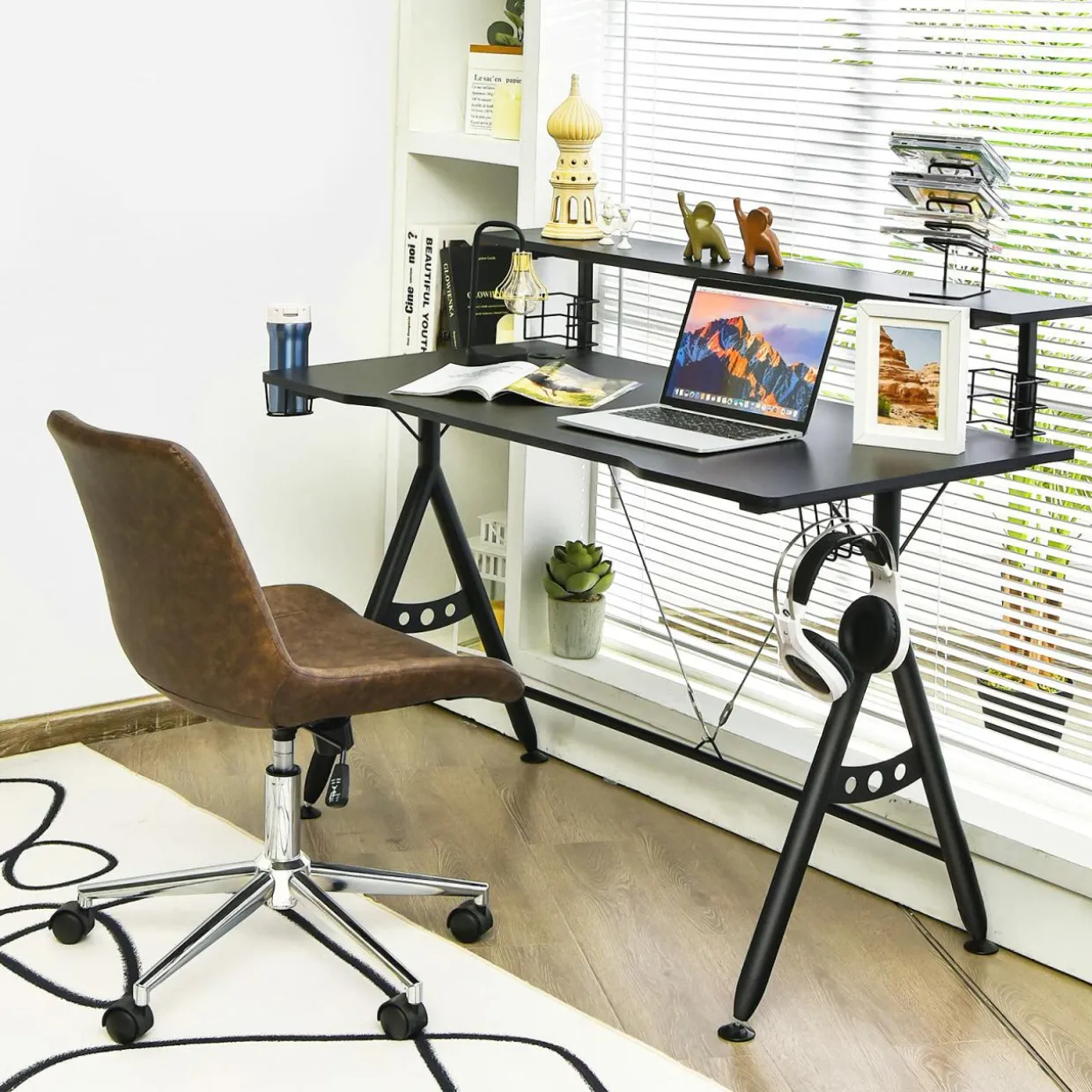 Gaming Desk, Ergonomic Computer Desk w/Monitor Shelf, Game Handle Rack, Cup Holder