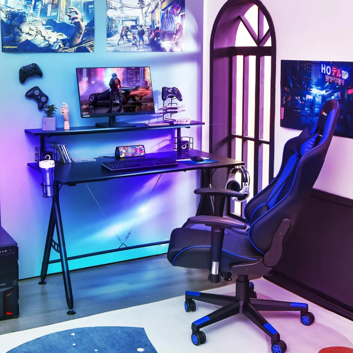 Gaming Desk, Ergonomic Computer Desk w/Monitor Shelf, Game Handle Rack, Cup Holder