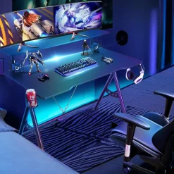 Gaming Desk, Ergonomic Computer Desk w/Monitor Shelf, Game Handle Rack, Cup Holder