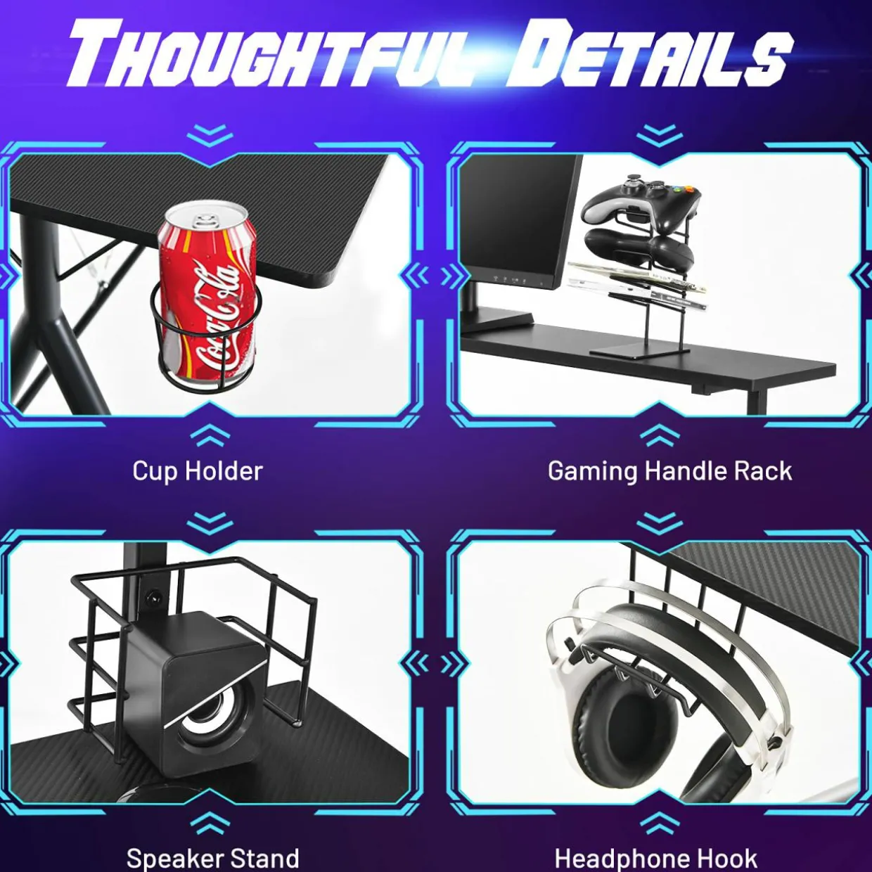 Gaming Desk, Ergonomic Computer Desk w/Monitor Shelf, Game Handle Rack, Cup Holder