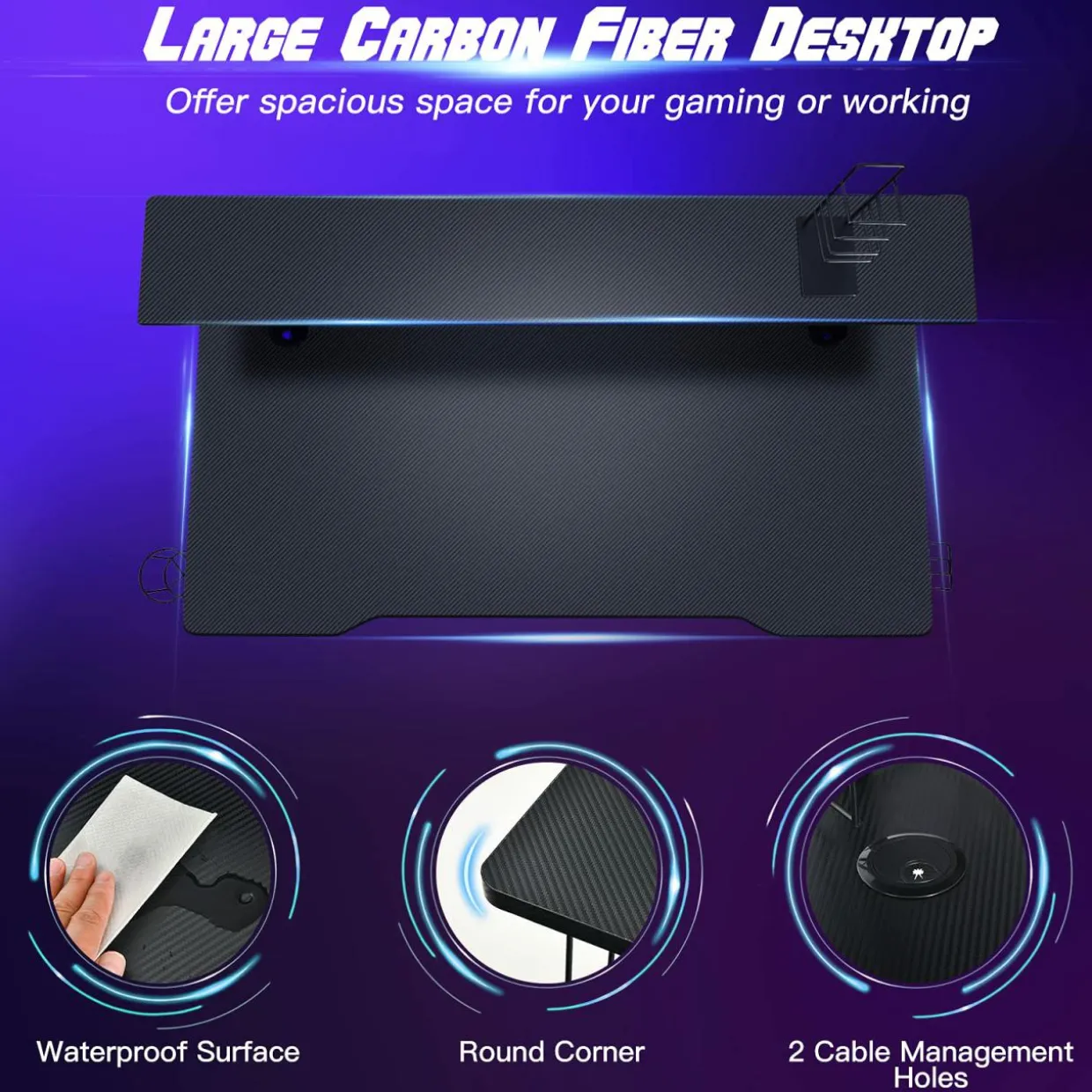 Gaming Desk, Ergonomic Computer Desk w/Monitor Shelf, Game Handle Rack, Cup Holder