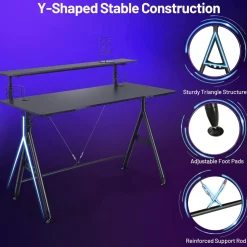 Gaming Desk, Ergonomic Computer Desk w/Monitor Shelf, Game Handle Rack, Cup Holder