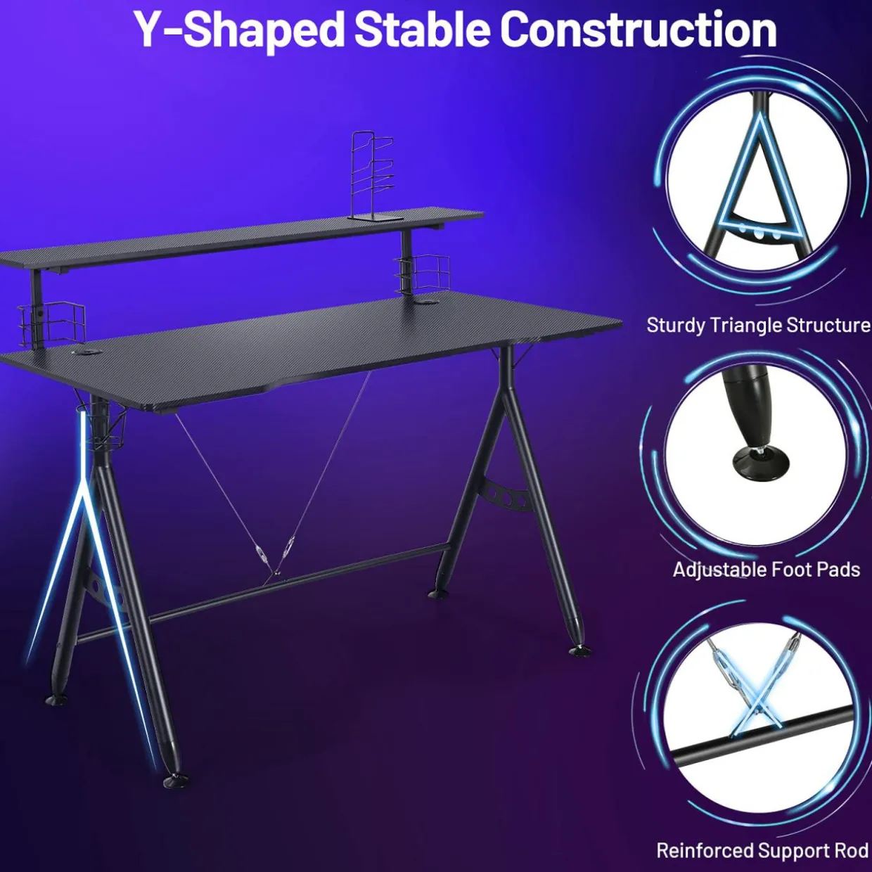 Gaming Desk, Ergonomic Computer Desk w/Monitor Shelf, Game Handle Rack, Cup Holder