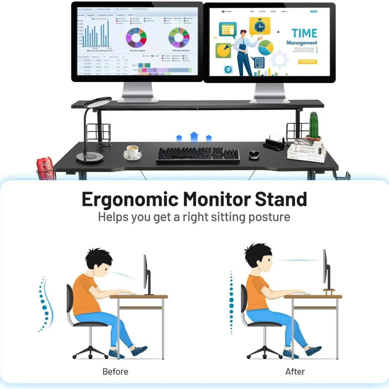Gaming Desk, Ergonomic Computer Desk w/Monitor Shelf, Game Handle Rack, Cup Holder