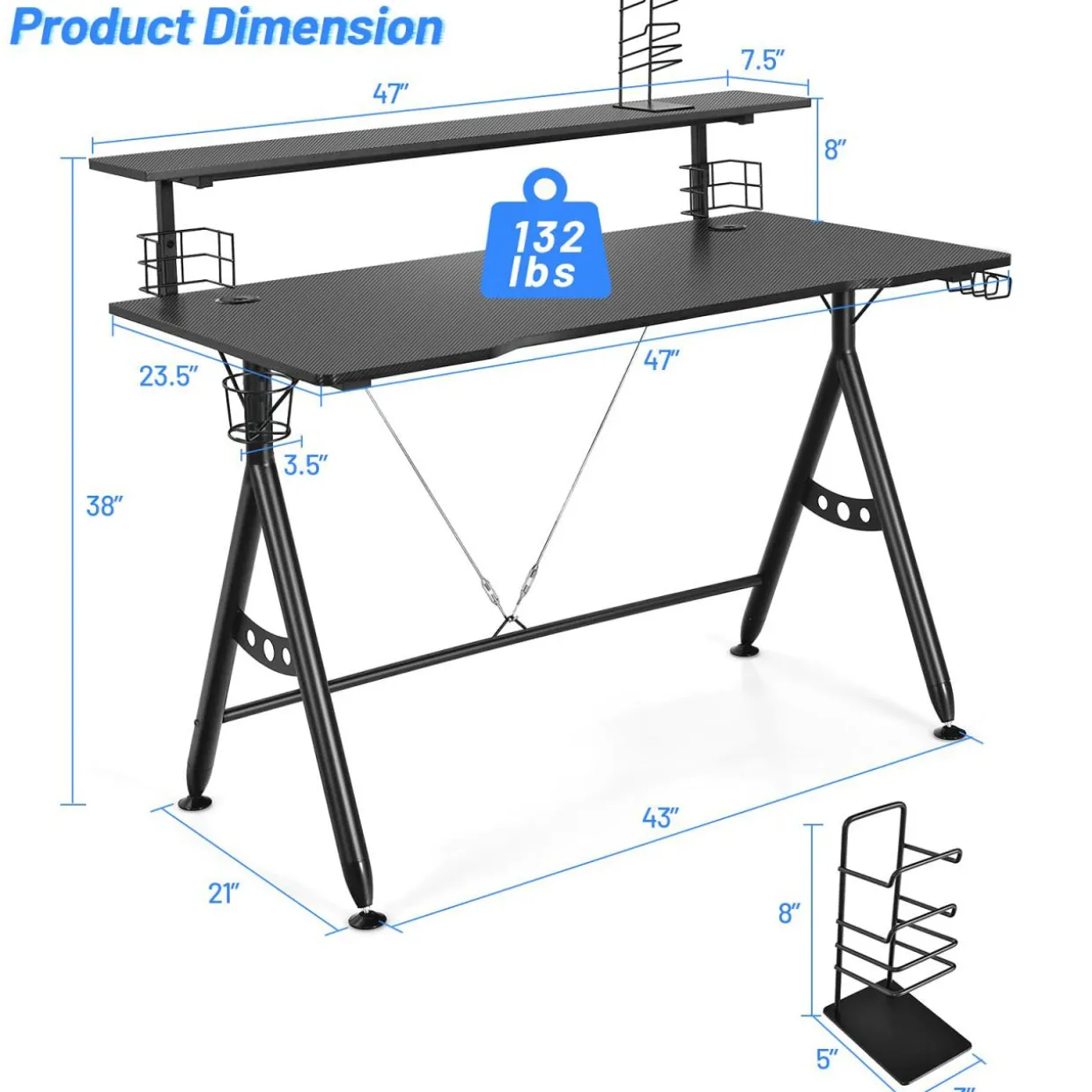 Gaming Desk, Ergonomic Computer Desk w/Monitor Shelf, Game Handle Rack, Cup Holder