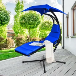 Hanging Chaise Lounge, Arc Stand Floating Hammock Swing Chair w/ Canopy and Built-in Pillow