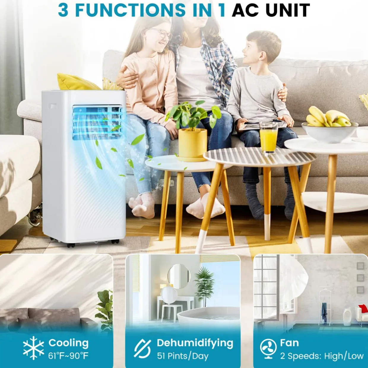 3-in-1 Air Cooler & Dehumidifier & Fan with 24H Timer, Child Lock for Living Room