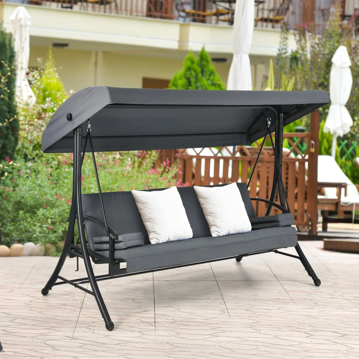 2-in-1 Convertible Porch Swing, 3-Seater Patio Swing with Adjustable Tilt Canopy