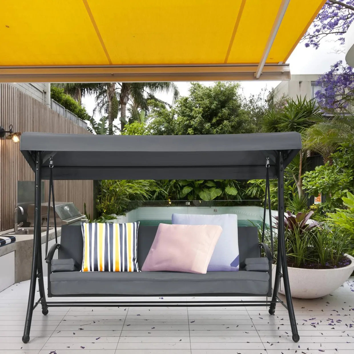 2-in-1 Convertible Porch Swing, 3-Seater Patio Swing with Adjustable Tilt Canopy