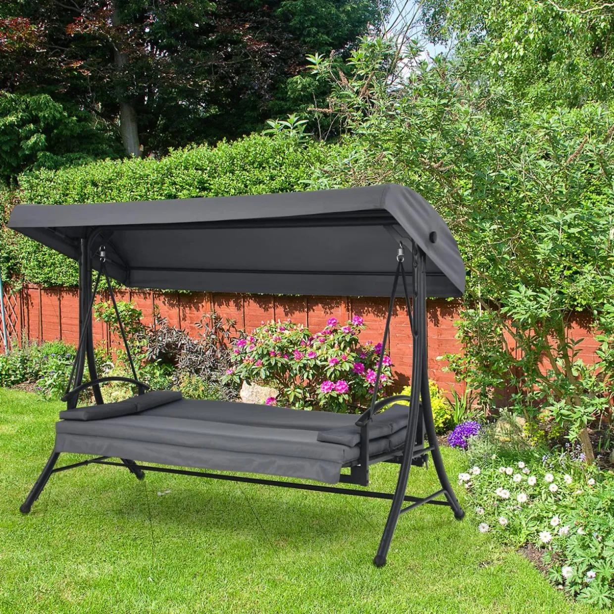 2-in-1 Convertible Porch Swing, 3-Seater Patio Swing with Adjustable Tilt Canopy