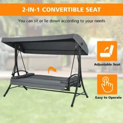 2-in-1 Convertible Porch Swing, 3-Seater Patio Swing with Adjustable Tilt Canopy