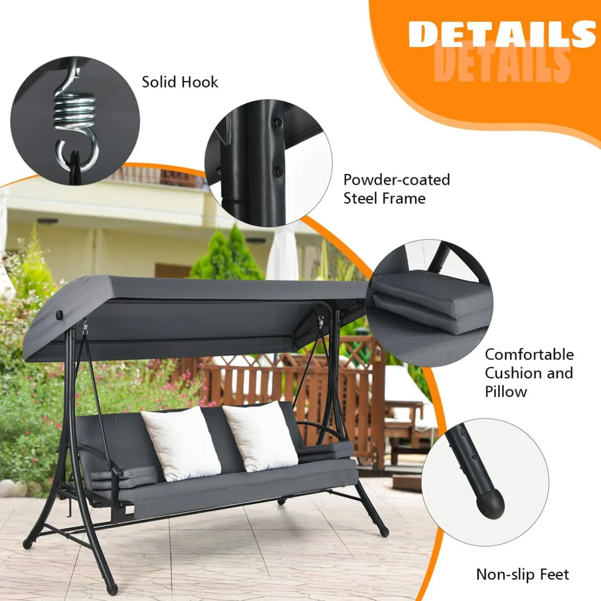 2-in-1 Convertible Porch Swing, 3-Seater Patio Swing with Adjustable Tilt Canopy
