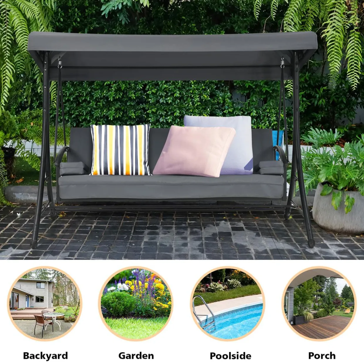 2-in-1 Convertible Porch Swing, 3-Seater Patio Swing with Adjustable Tilt Canopy