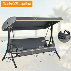 2-in-1 Convertible Porch Swing, 3-Seater Patio Swing with Adjustable Tilt Canopy