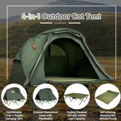 4-in-1 Folding Tent for 2 Persons W/Waterproof Cover & Self-Inflating Mattress & Roller Carrying Bag