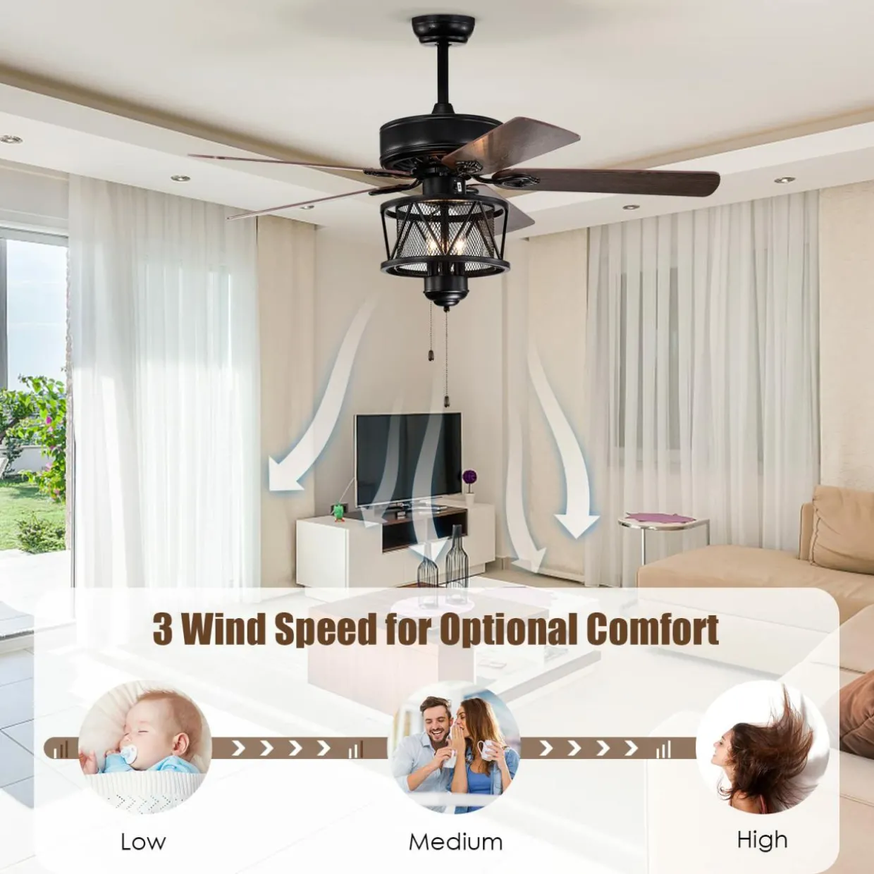 50-Inch Ceiling Fan with Lights, 3-Speed Adjustable (Coffee)
