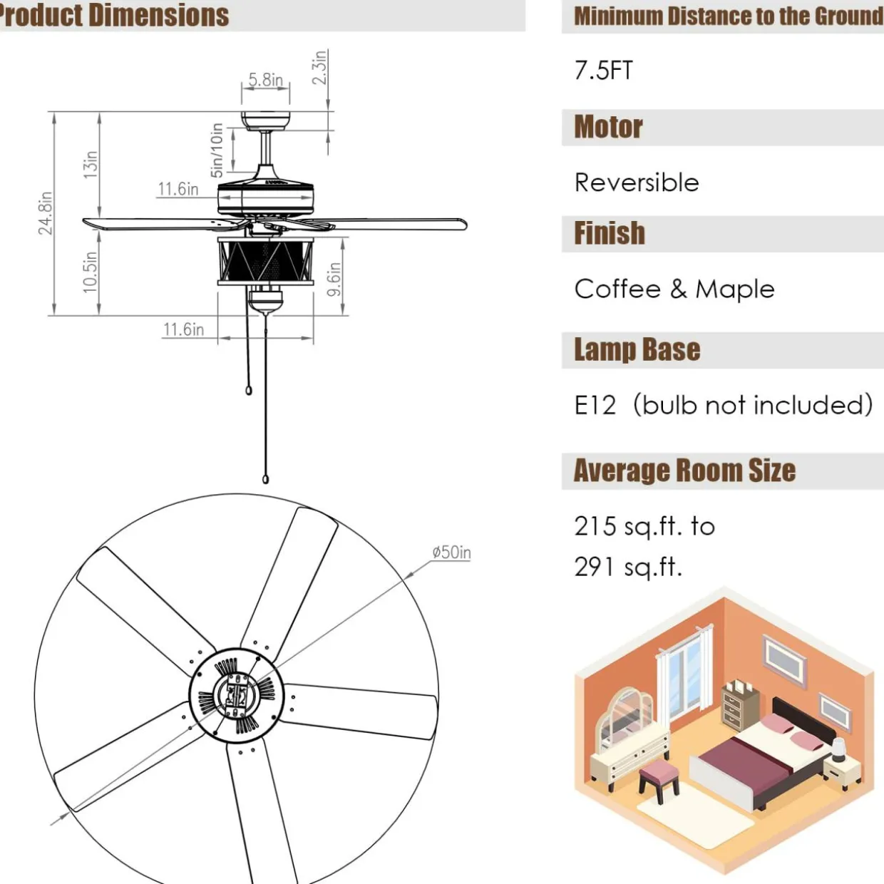 50-Inch Ceiling Fan with Lights, 3-Speed Adjustable (Coffee)