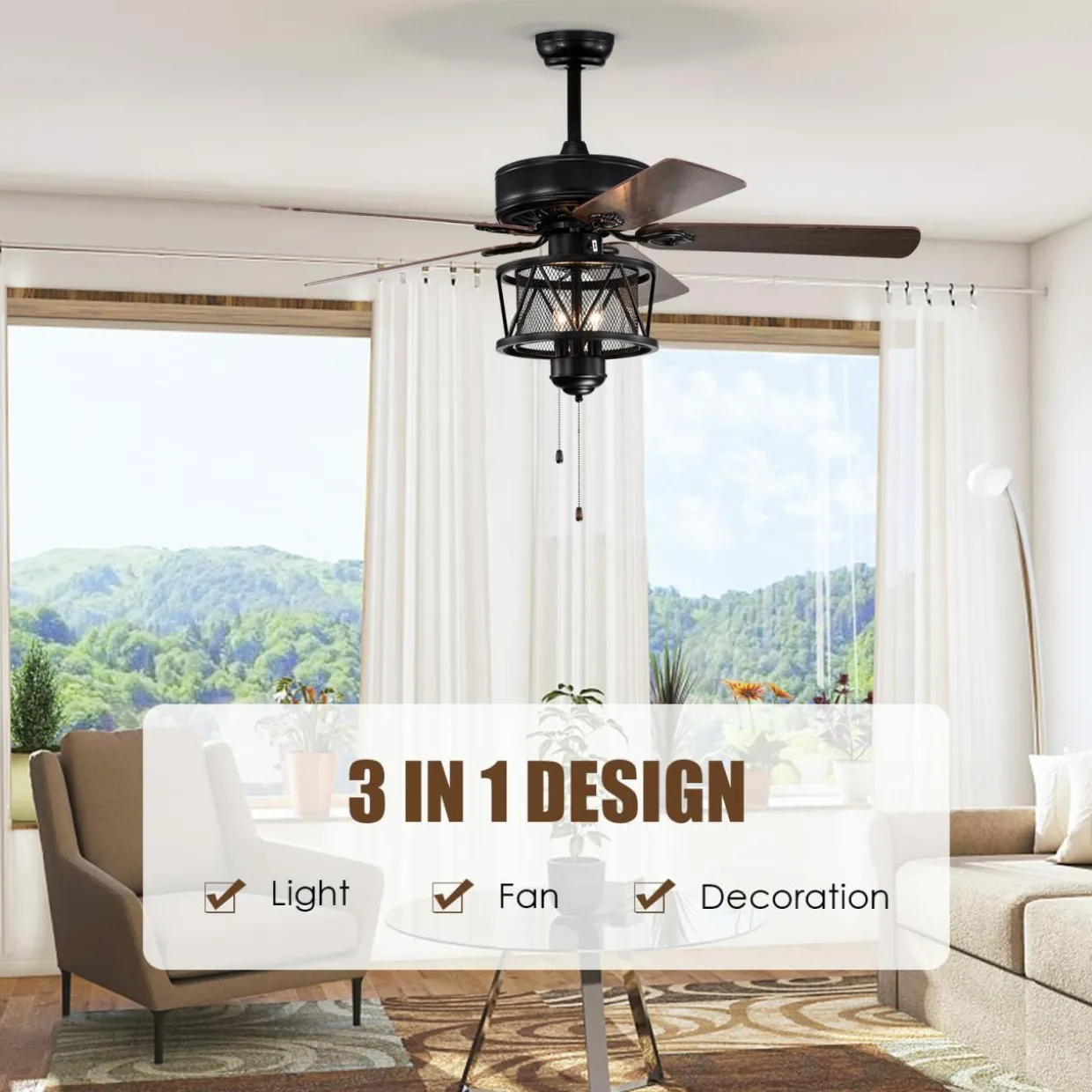 50-Inch Ceiling Fan with Lights, 3-Speed Adjustable (Coffee)