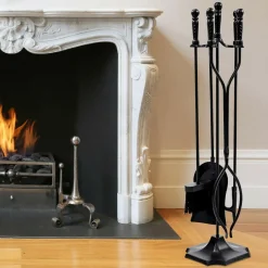32 inch Fireplace Set 5 Piece Rustic Heavy Duty Compact Wrought Iron Fire Place Tool Set with Pedestal Place