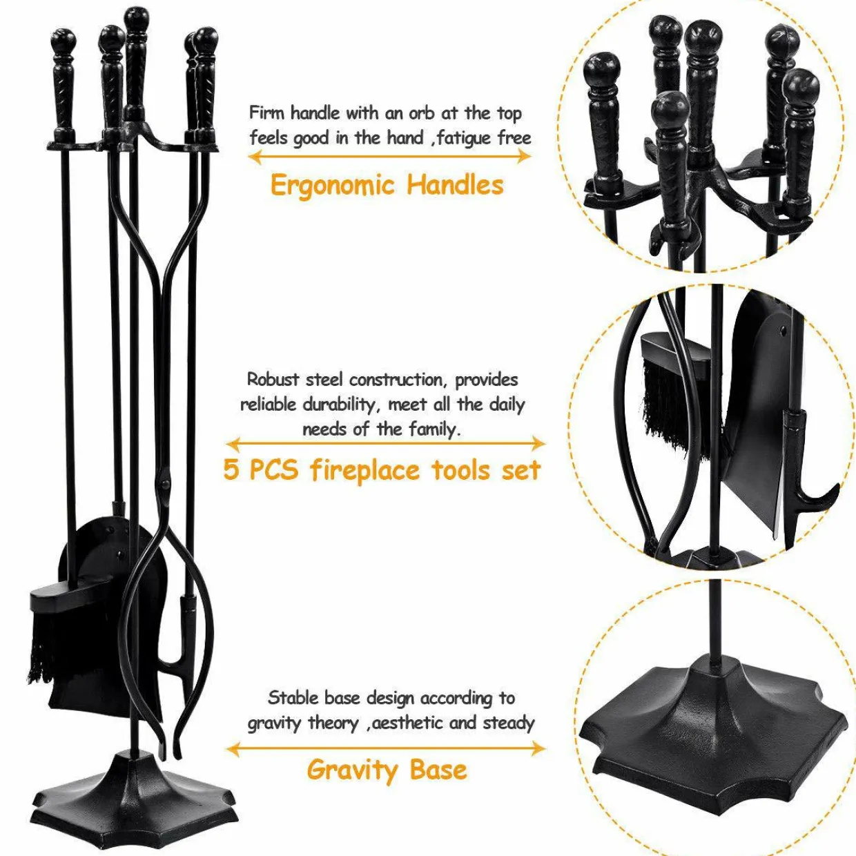 32 inch Fireplace Set 5 Piece Rustic Heavy Duty Compact Wrought Iron Fire Place Tool Set with Pedestal Place