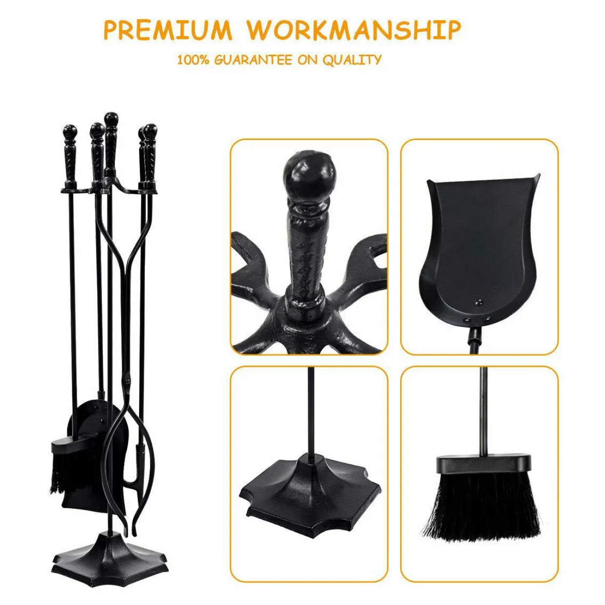 32 inch Fireplace Set 5 Piece Rustic Heavy Duty Compact Wrought Iron Fire Place Tool Set with Pedestal Place