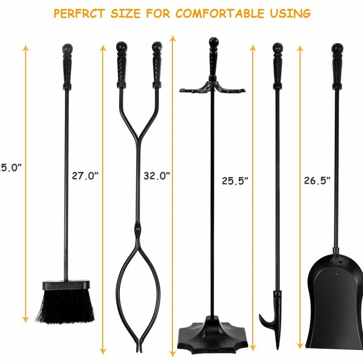 32 inch Fireplace Set 5 Piece Rustic Heavy Duty Compact Wrought Iron Fire Place Tool Set with Pedestal Place