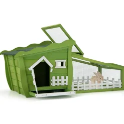 62 Inch Wooden Rabbit Hutch, Outdoor Chicken Coop with Asphalt Roof, Removable Tray