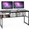 55 Inches Computer Desk with Bookshelf, Study Writing Table w/Storage Shelf & Sturdy Metal Frame