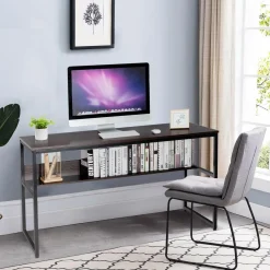 55 Inches Computer Desk with Bookshelf, Study Writing Table w/Storage Shelf & Sturdy Metal Frame