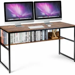 55 Inches Computer Desk with Bookshelf, Study Writing Table w/Storage Shelf & Sturdy Metal Frame