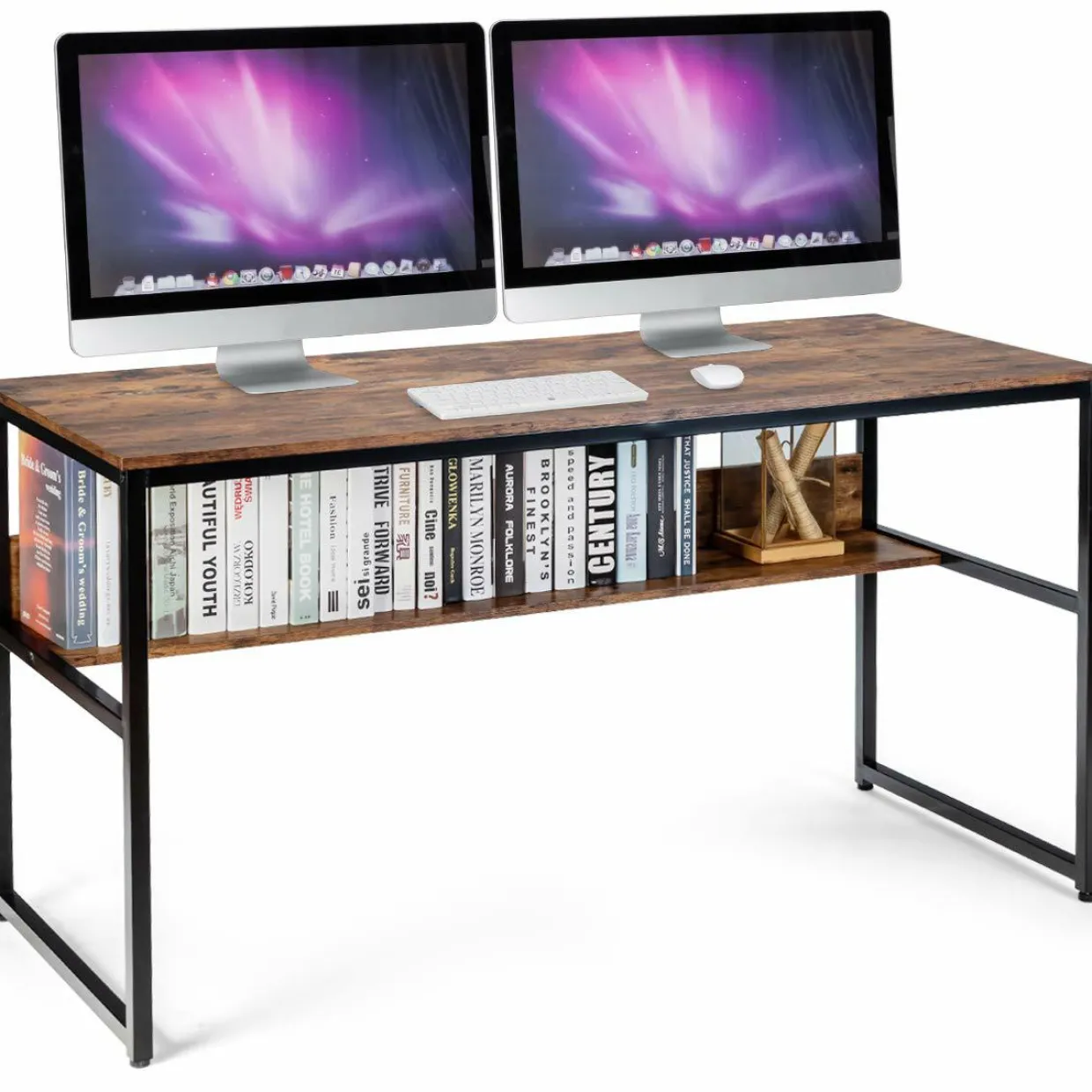 55 Inches Computer Desk with Bookshelf, Study Writing Table w/Storage Shelf & Sturdy Metal Frame
