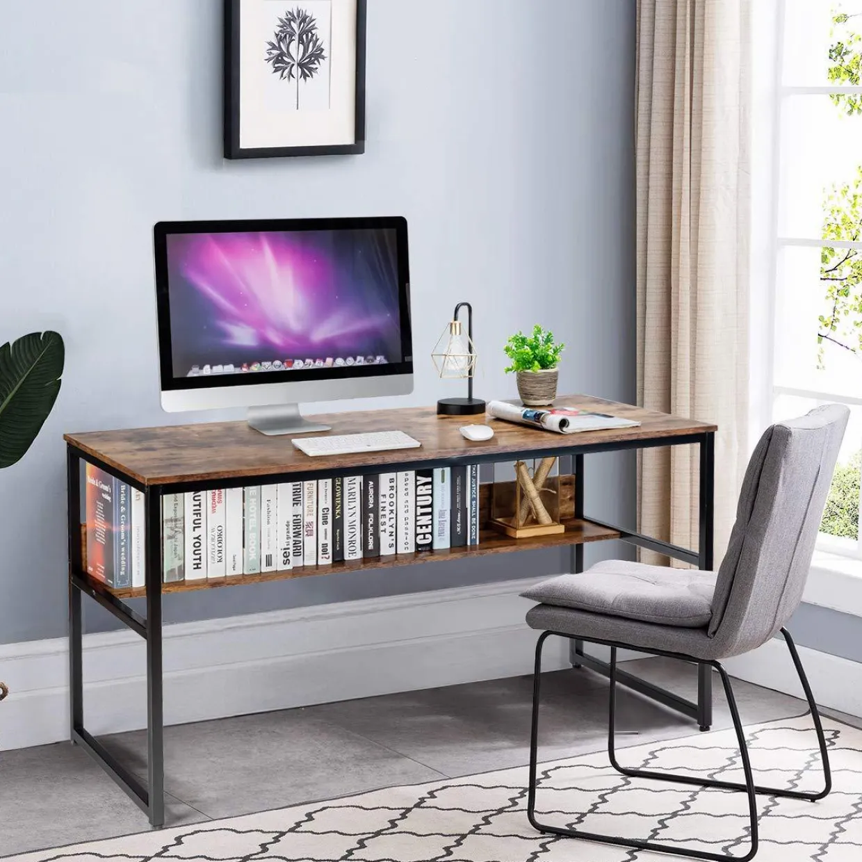 55 Inches Computer Desk with Bookshelf, Study Writing Table w/Storage Shelf & Sturdy Metal Frame