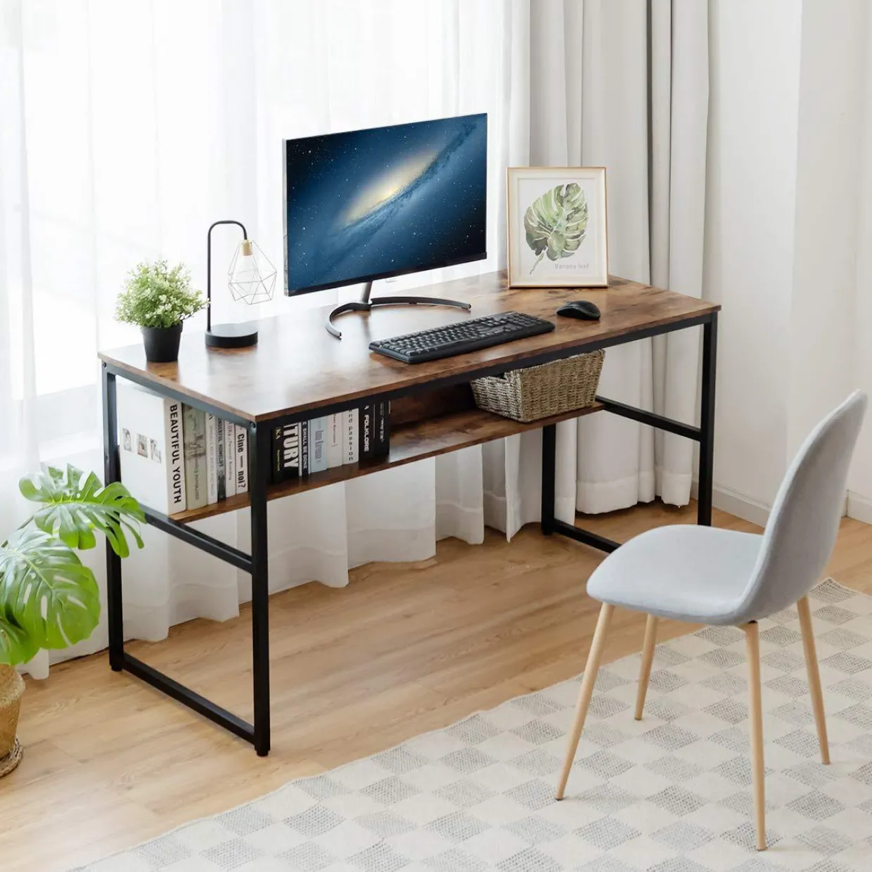 55 Inches Computer Desk with Bookshelf, Study Writing Table w/Storage Shelf & Sturdy Metal Frame