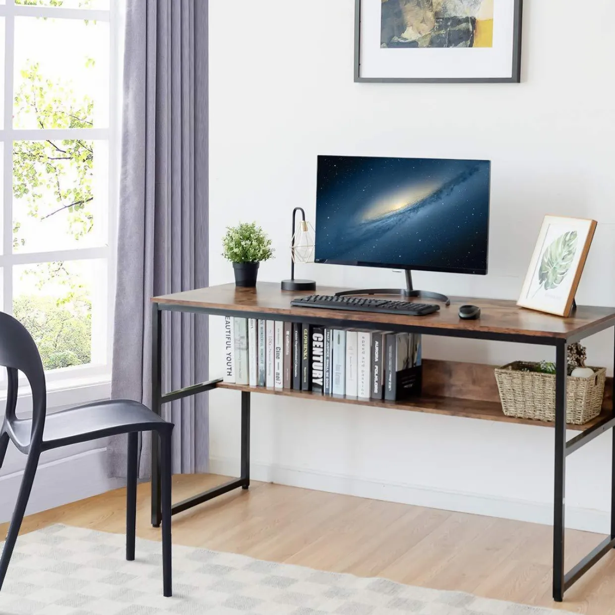 55 Inches Computer Desk with Bookshelf, Study Writing Table w/Storage Shelf & Sturdy Metal Frame