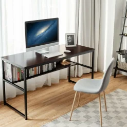 55 Inches Computer Desk with Bookshelf, Study Writing Table w/Storage Shelf & Sturdy Metal Frame