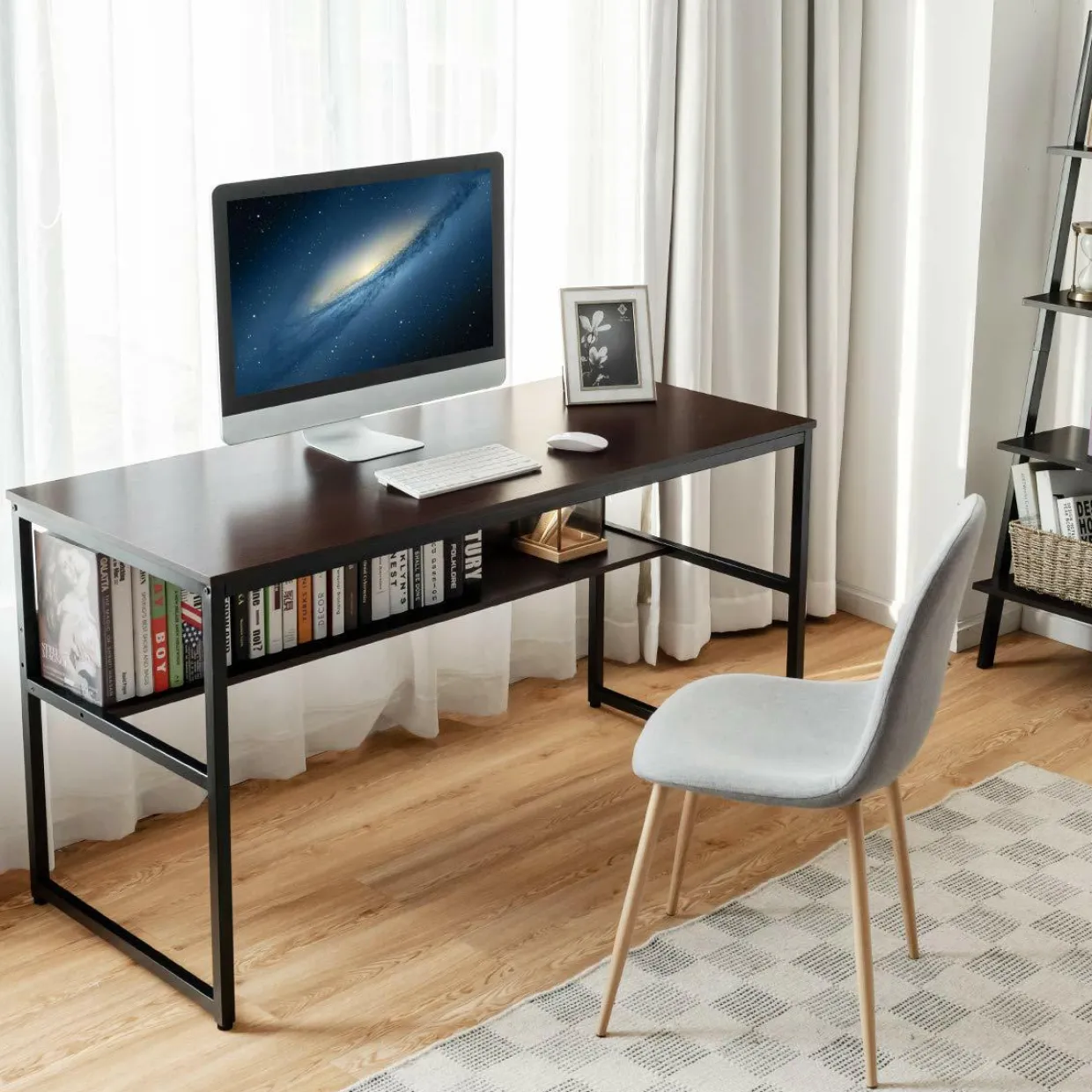 55 Inches Computer Desk with Bookshelf, Study Writing Table w/Storage Shelf & Sturdy Metal Frame