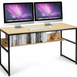 55 Inches Computer Desk with Bookshelf, Study Writing Table w/Storage Shelf & Sturdy Metal Frame