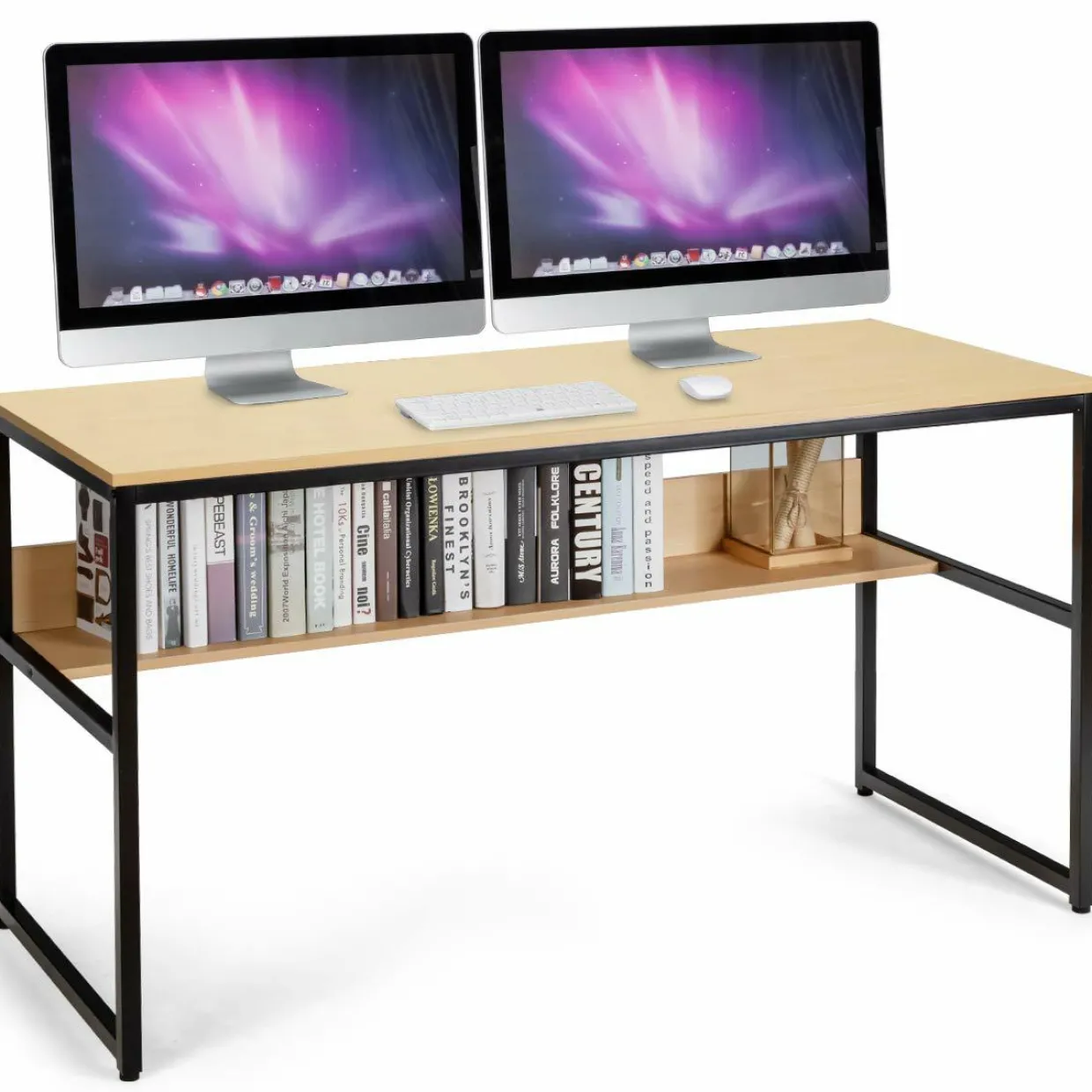 55 Inches Computer Desk with Bookshelf, Study Writing Table w/Storage Shelf & Sturdy Metal Frame