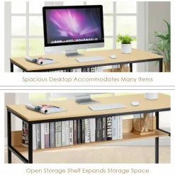 55 Inches Computer Desk with Bookshelf, Study Writing Table w/Storage Shelf & Sturdy Metal Frame