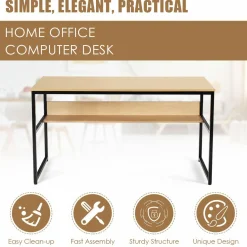 55 Inches Computer Desk with Bookshelf, Study Writing Table w/Storage Shelf & Sturdy Metal Frame