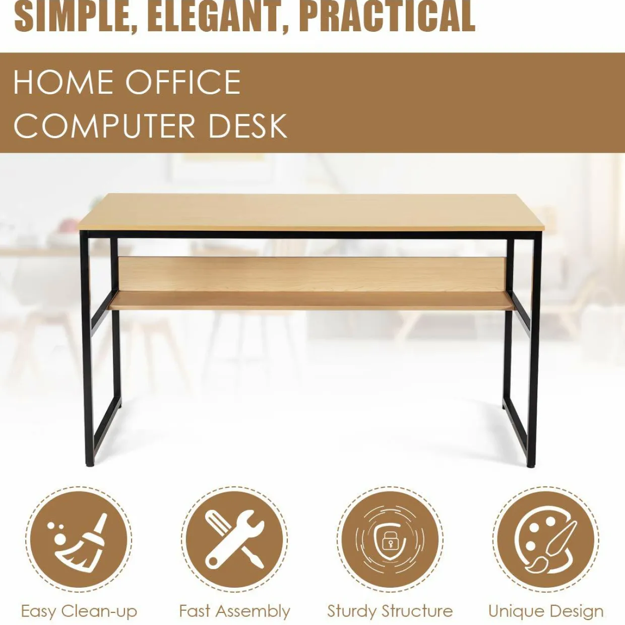55 Inches Computer Desk with Bookshelf, Study Writing Table w/Storage Shelf & Sturdy Metal Frame