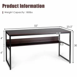 55 Inches Computer Desk with Bookshelf, Study Writing Table w/Storage Shelf & Sturdy Metal Frame