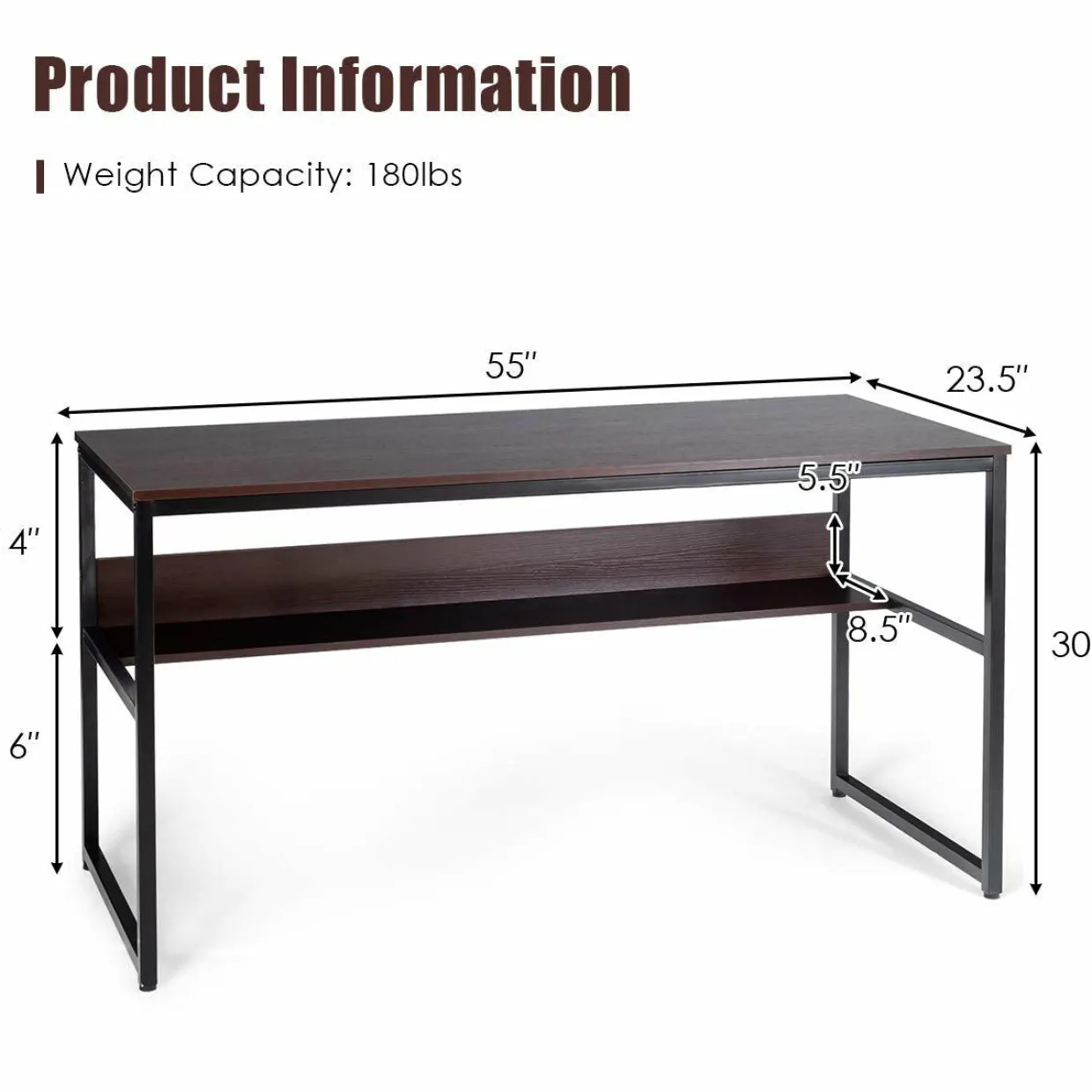 55 Inches Computer Desk with Bookshelf, Study Writing Table w/Storage Shelf & Sturdy Metal Frame